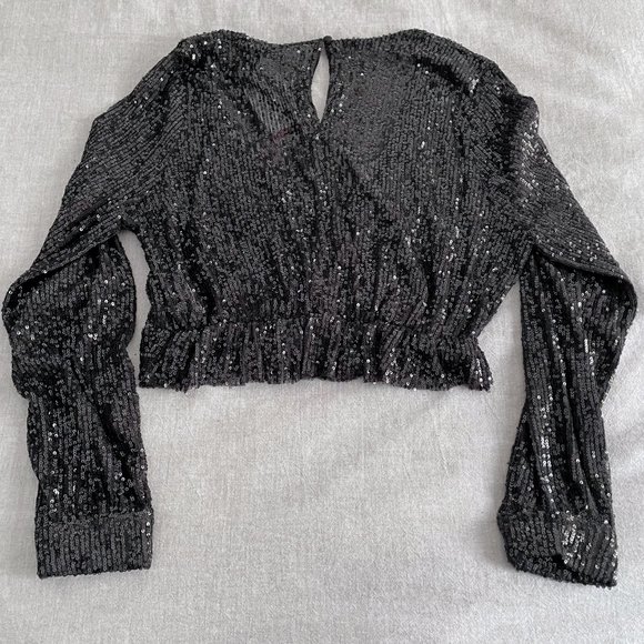 Sheer Sequin Ruffle Hem Crop Top | Q2 - Picture 4 of 5